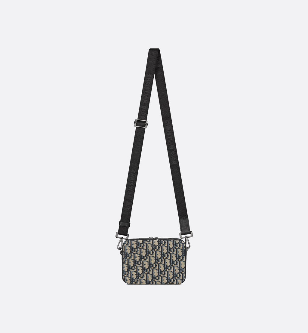 Pochette zippée à bandoulière Toile jacquard Dior Oblique noir
