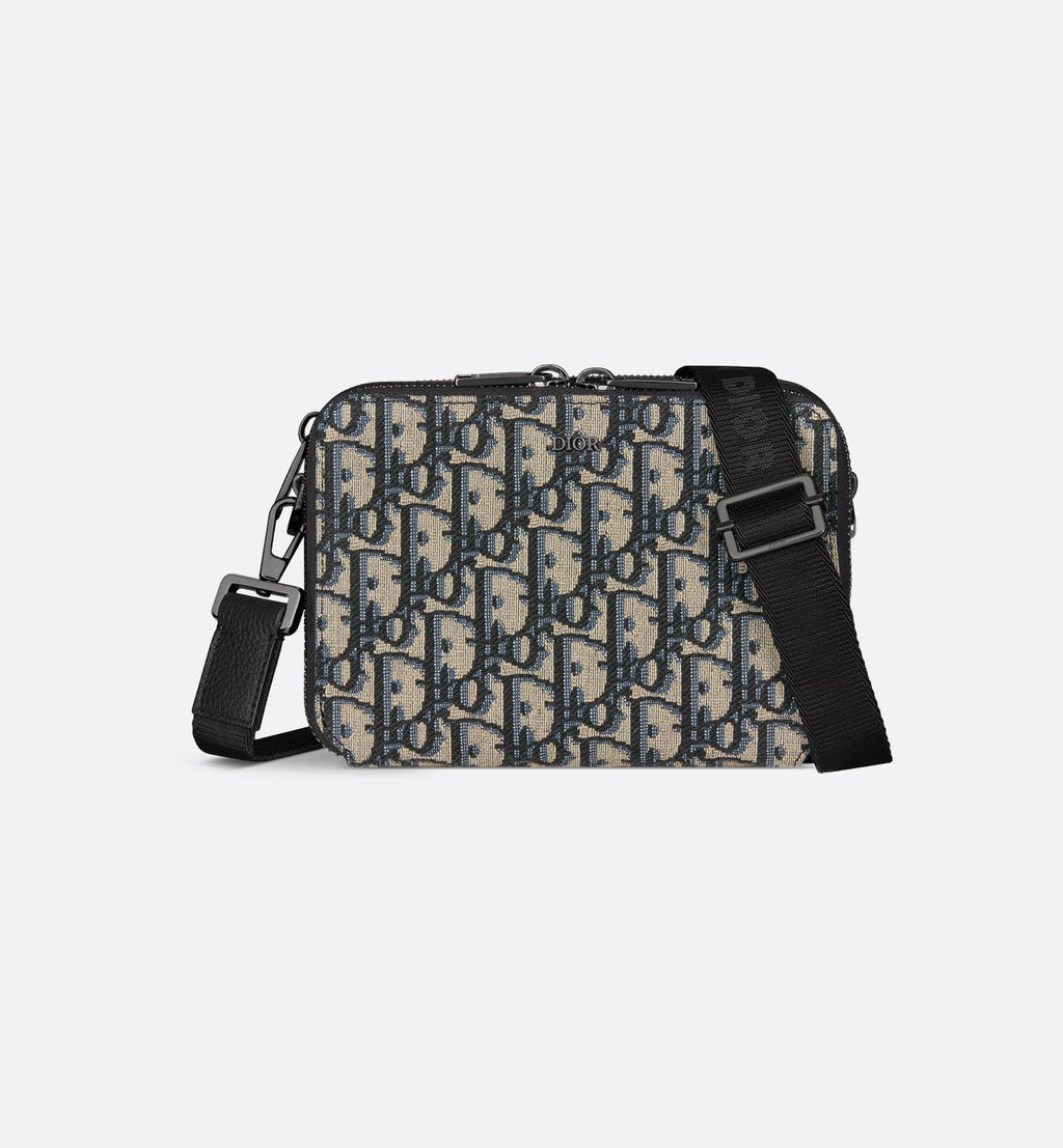 Pochette zippée à bandoulière Toile jacquard Dior Oblique noir