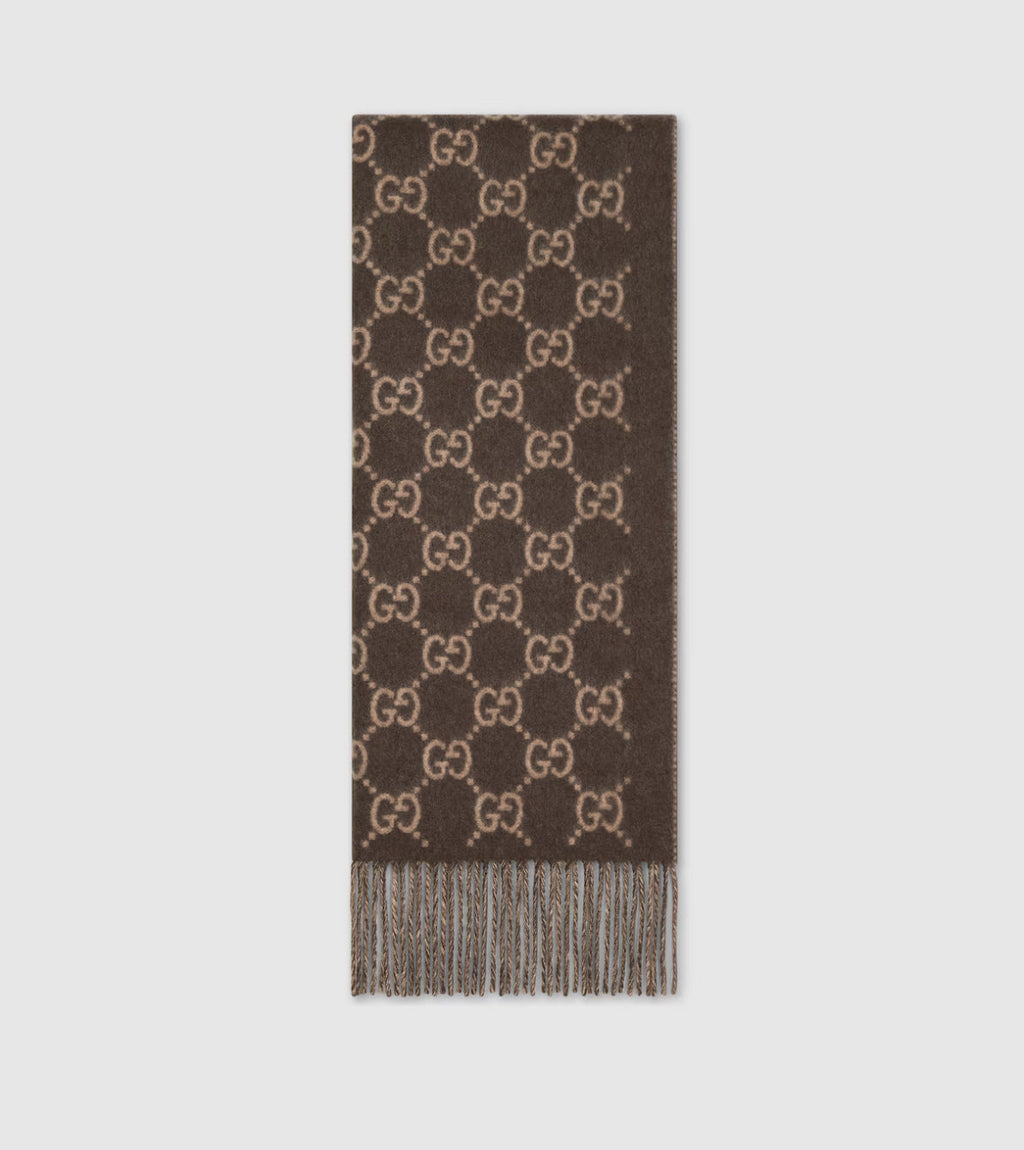Bonnet et Écharpe en jacquard de cachemire GG marron et beige